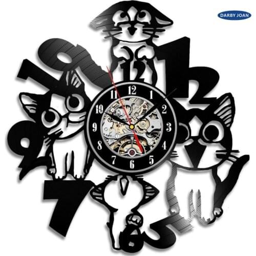 Cat 3D Wall Clock Black Wall Clock Creative Vinyl Record Hanging Clock Home Decor Dog Fox Animal, Free Shipping