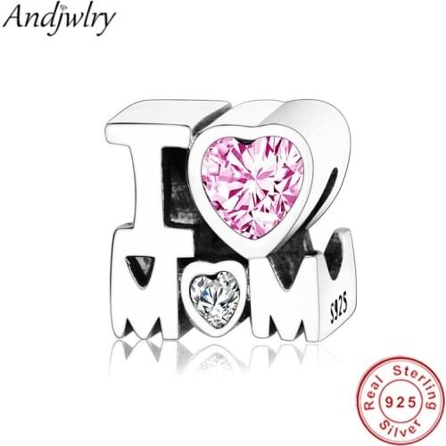 Fit Original Pandora Charms Bracelet 925 Sterling Silver Beads Pink CZ Mom Love Heart Charm DIY Berloque Mothers Day Gifts