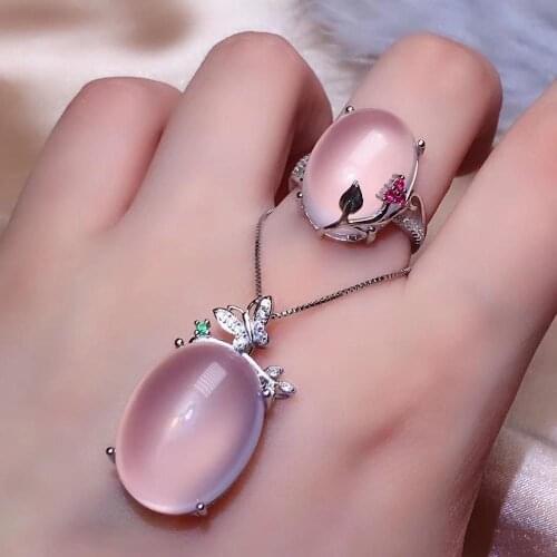 The best gift for engagement Natural Rose Quartz jewelry set Natural Real Rose Quartz 925 sterling silver 1pc pendant,1pc ring