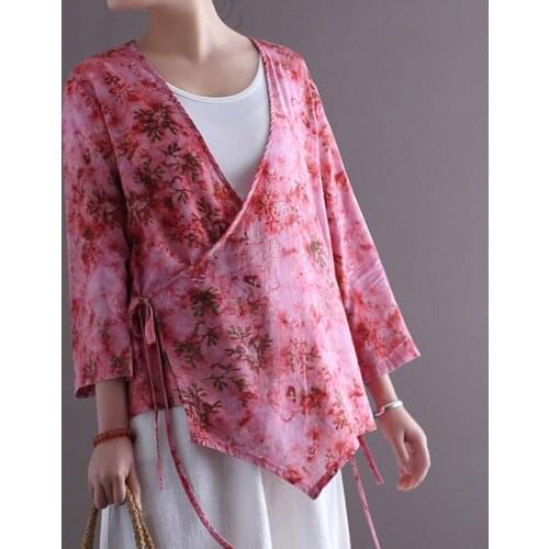 Women Loose Retro Printed Cotton Linen V Neck Jacket Outerwear Coat Female 2020 Loose Jackets Ladies Coat Summer Autumn