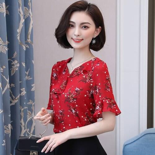 Women Spring Summer Style Chiffon Blouses Shirts Lady Casual Short Sleeve Ruffles Floral Printed Blusas Tops DD2404