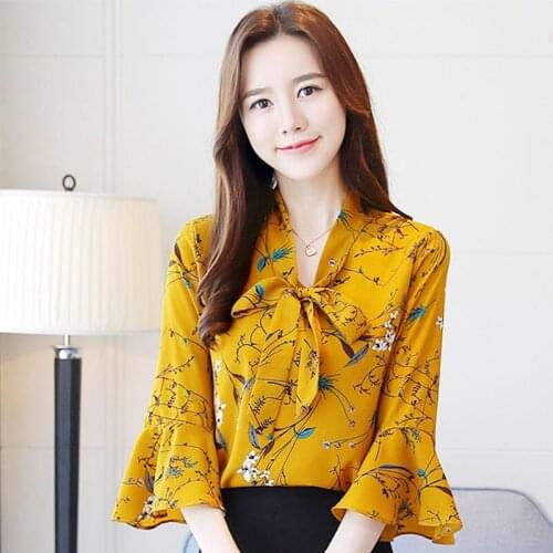 S-5XL summer print chiffon women blouse shirt sweet flare sleeve women tops blouse bow V-neck womens clothing blusas DD2360