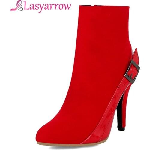 Lasyarrow Buckle Motorcycle Boots High Heels Pointed Toe Ankle Boots for Women Black Red Wedding Shoes Woman Large Size 28-50