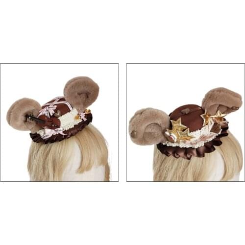 Girls Cosplay Headdress Plush Bear Ears Top Hat Ribbon Bows Lolita Headwear Vintage Royal Style Anime Cosplay Headpiece