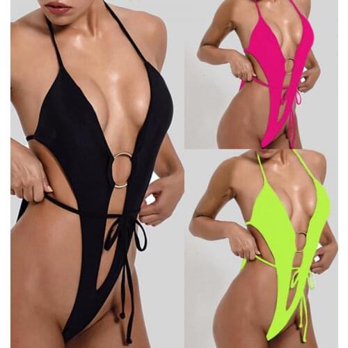 Women Sexy Bandage Swimsuit With Chest Pad Deep V Neck Pink Green Black String Bikini One Piece Female