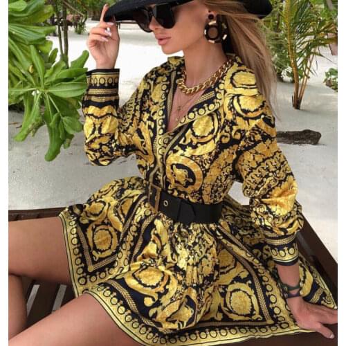 Fashion Luxury Womens Vintage Print Shirt Dress Ladies Holiday Party A-Line V-neck Swing Short Mini Dresses Streetwear Clothing