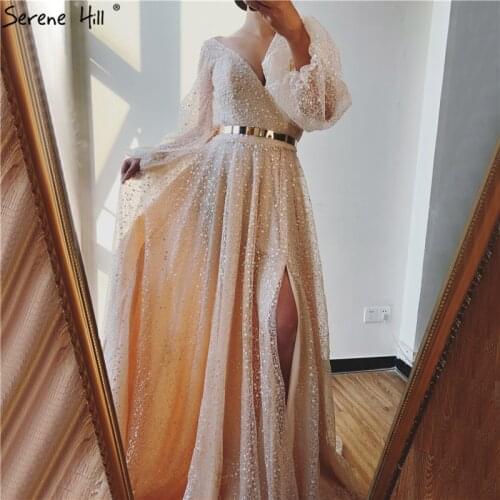 2020 A-Line Handmade Flowers Formal Dress Champagne V-Neck Puff Long Sleeve Evening Gown Serene Hill BLA70194