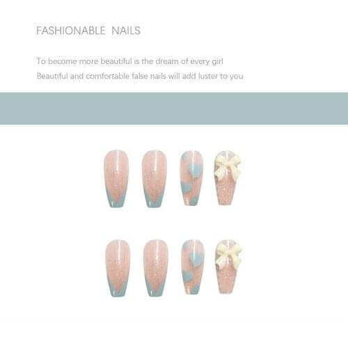 24pcs Love Heart Printed Nails Patch with Bow Glue Type Long Paragraph Fashion Removable Manicure False Nails Patch SANA889