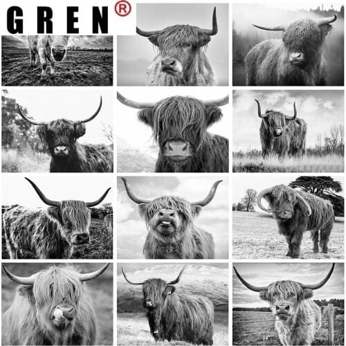 GREN Home Decor 5D DIY Diamond Embroidery Highland Cow Full Square Diamond Painting Cross Stitch Black White Animals Mosaic
