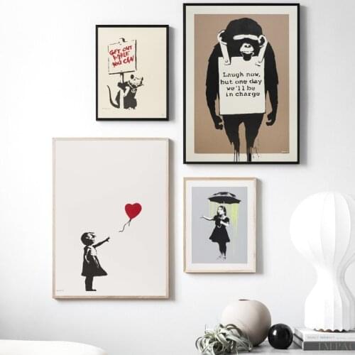 Girl Holding Red Umbrella Graffiti Street Art Abstract Mouse And Placard Canvas Painting Posters Prints Picture Home Decor