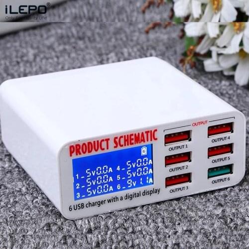 ILEPO 6 Ports QC3.0 Fast Charger 8A with LCD Digital Display Smart Charging Station for iPhone Xiaomi Huawei Samsung Tablet