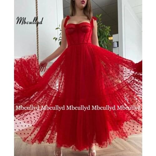 Red Polka Dots Evening Dresses Spaghetti Straps A-Line Short Prom Dresses Ribbons Tied Bow Tea-Length Formal Party Dresses