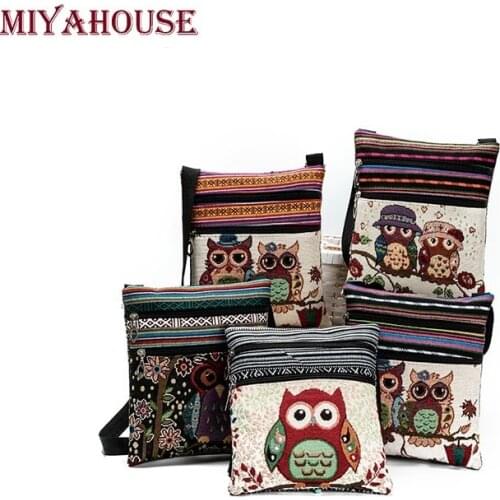 Miyahouse cute lady shoulder bag owl print messenger flap bag female mini canvas ladies bag double zipper ladies messenger bag
