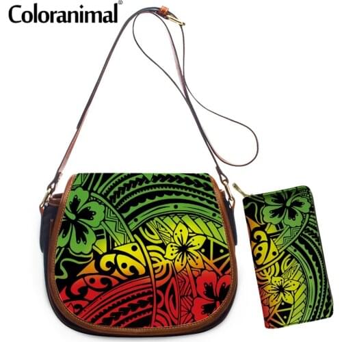 Coloranimal Fashion Gradient Color Hawaiian Polynesian Flower Printed Women Shoulder Bag PU Leather Crossbody Bag Casual Bolso