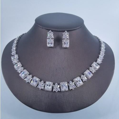 2020 new luxury elegant square cyrstal CZ zircon necklace earring set,wedding bridel dinner banquet dress jewelry free shipping