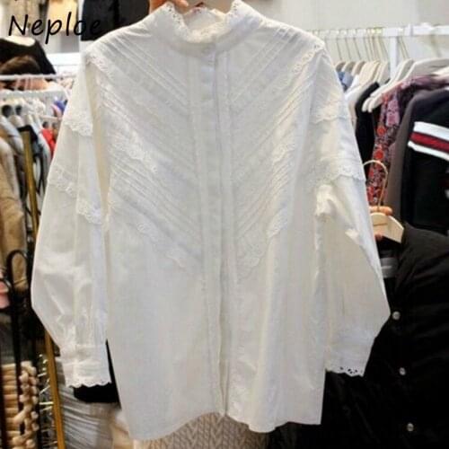Neploe 2021 Spring New White Stand Collar Shirts Korean Style Casual Single Breasted Femme Blusas Loose Simple Women Blouse