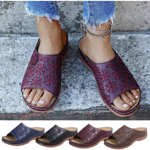 PU Leather Soft Footbed Orthopedic Arch-Support Sandals Womens Summer Beach Shoes Flat Heel A66