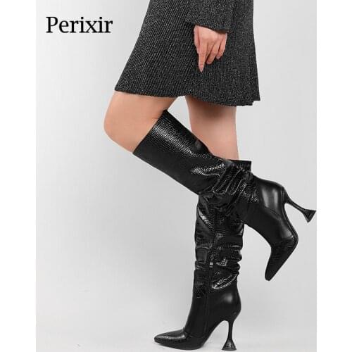 Perixir Design Women Knee High Boots Serpentine Thin Heel Slouch Boots Side Zipper 2021 Newest Winter Fashion Lady Shoes CCB-010