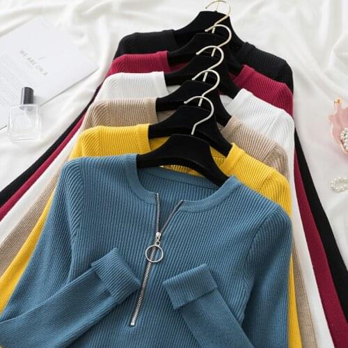 Autumn Winter Zippers Soft Fashion Sweaters Women Sexy Slim Solid Korean Knitwear Pullovers Bottoming Sweater Ladies Jumpers