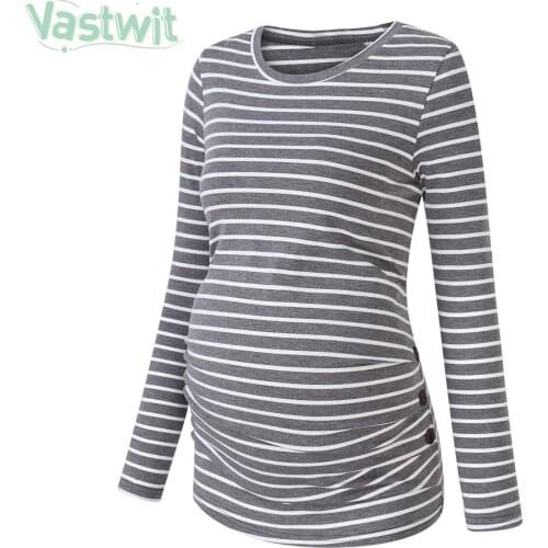 Maternity Tops Loose Pregnancy Blouse Striped Side Ruched Button T-shirt Tunic Pregnant Women Long Sleeve Casual Tees Clothes