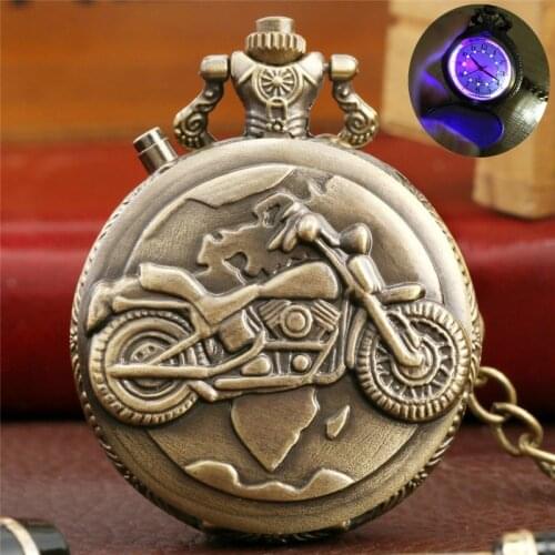 Creative Luminous LED Display Analog Quartz Pocket Watch Pendant Chain Motorcycle Motorbike Light Watches Clock for Men Women Gi