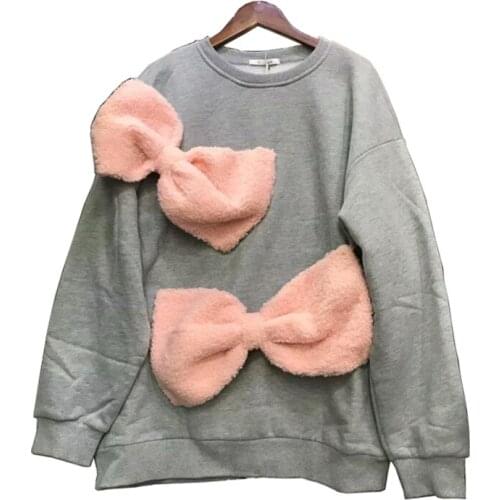 VSUE White Gray Pink White Fleece Bow Sweatshirts Pullovers Casual Women Warm Women Crew Neck Oversize H0144
