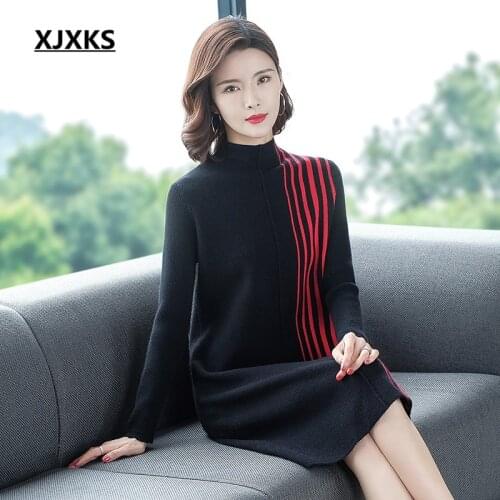 XJXKS 2020 spring new women turtleneck dress fashion striped high-end cashmere knitted long sweater women pullover