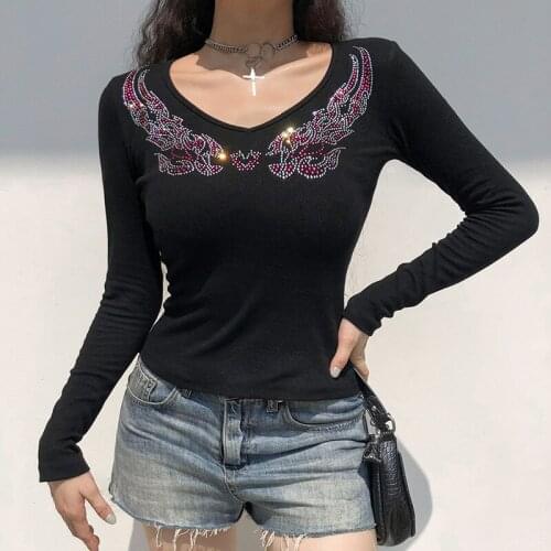 Y2K Slim T-Shirt Woman Vintage Long Sleeve Cropped Tops Female Streetwear Casual Ribbed Knitted Tees V Neck Top Basic T-Shirts
