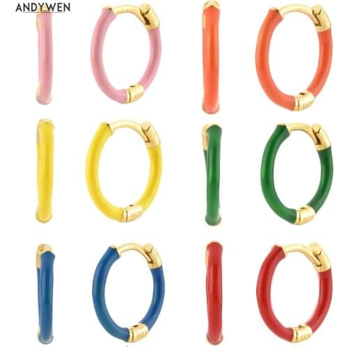 ANDYWEN 925 Sterling Silver Gold Colorful Enamel Pink Green Huggies Women Luxury Piercing Clips Pendientes Round Fine Jewelry