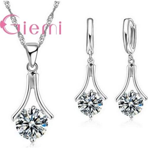 Latest 925 Sterling Silver Elegant Jewelry Cubic Zircon New Shape Necklaces Woman Drop Earring Wedding Set With Box