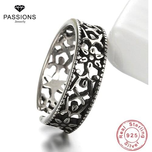 New Antique 925 Sterling Silver Rings Vintage Hollow Flower Pattern Decorative Adjustable Ring Ethnic Style Women Jewelry Gift