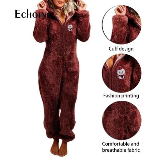 Echoine Winter Christmas pattern Women plus plush thickened Onesies Adults Hooded Pajama Romper Jumpsuit 7 colors plus size 5XL