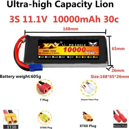 1pcs Ultra-high Capacity Battery 11.1V 10000mAh 3S 30C T Plug XT60 Plug Banana plug For Boat RC Truck Rc Car Battery Spare
