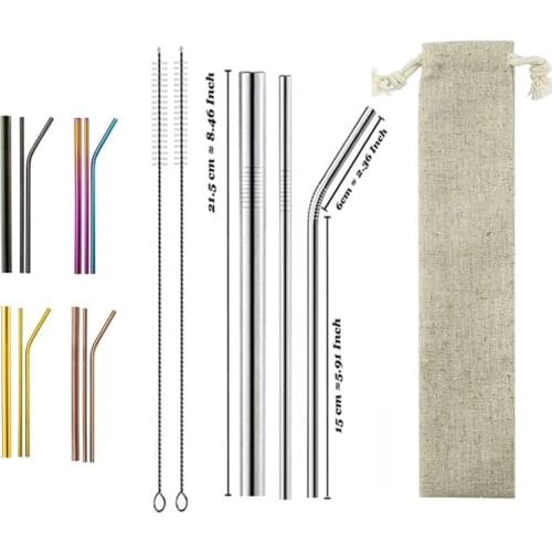 6pcs Reusable 304 Stainless Steel Rainbow Straw Metal Smoothies Drinking Straight Straws Silicone Cover with Brush Bag Wholesale
