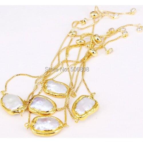 6PCS ZYZ-2684 Natural pearl bracelet, gold color pearl connector with chain bracelet in adjustable size