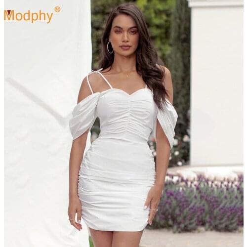 White Sweetheart Neckline Off Shoulder Pleated Mini Dress 2021 Summer Fashion Women Slim Sexy Club Evening Party Elegant Dresses