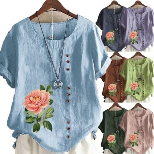 Womens Summer Leisure Floral Print Loose T-shirt Retro Round Neck XL Short Sleeve Top XS-5XL