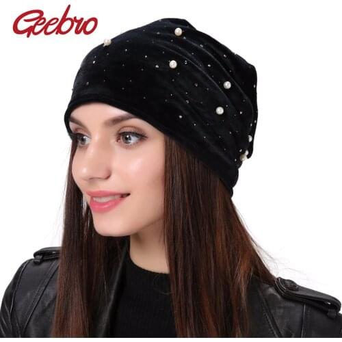Geebro Brand Womens Beanie Pearl Rhinestones Hat Women Polyester Slouchy Beanie Winter Velvet Balaclava Black Skullies Beanies