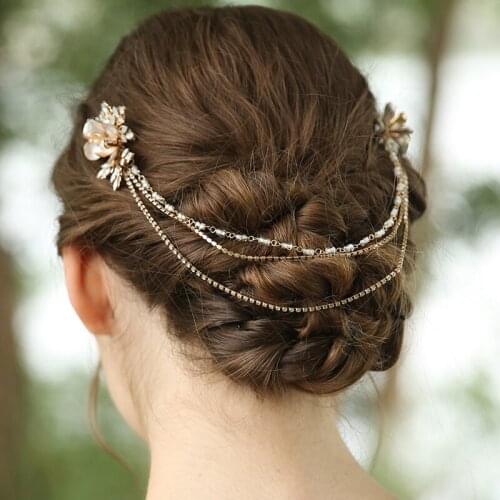 Hot Sale Rhinestone Bridal Long Hair Comb Vine Gold Floral Wedding Headpiece Handmade Women Prom Hairpiece Accessories