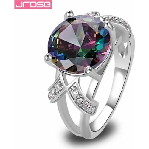 JROSE Noble Created Rainbow & White CZ Silver Color Ring Size 6 7 8 9 10 11 12 13 Party Jewelry For Women Men Gift Wholesale