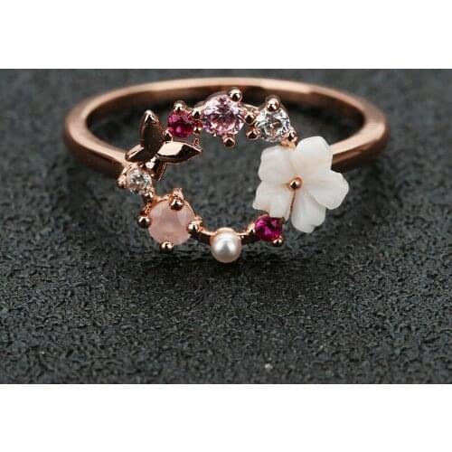 Fashion Creative Butterfly Flowers Crystal Finger Wedding Rings for Women Rose Gold Zircon Glamour Ring Party Jewelry Girl Gifts