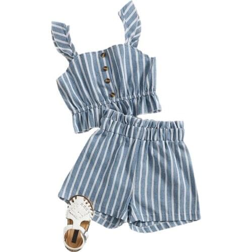 2 PCS Kids Girl Summer Fashion Girls Button Striped Square Collar Sleeveless Pullover Tops + Short Pants Outfits Childrens Sets