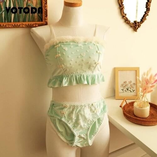 Women Warm Plush Lingerie Set Sweet Cute Bra Panties Lovely Lolita Ruched Tube Top Lace Embroidery Bralette Woman Sexy Underwear