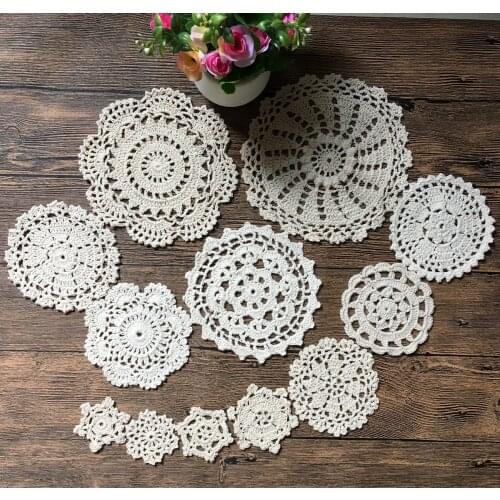 New Design 24Pcs 100% Cotton Hand Made Crochet Doilies Cup Mat Pad Coaster 12 Vintage Crochet Motifs 5-18cm White Beige HD079