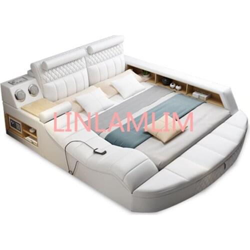 Leather bed frame camas bedroom кровать двуспальная lit beds سرير muebles de dormitorio мебель cama massage safe speaker USB