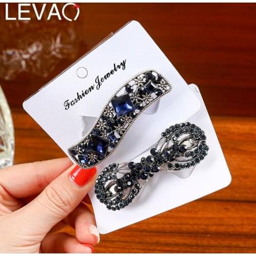 Levao Shiny Blue Rhinestones Barrettes Alloy Crystal Bows Bowknot Hairpins Vintage Hollow Hair Clips for Women Hair Accessories