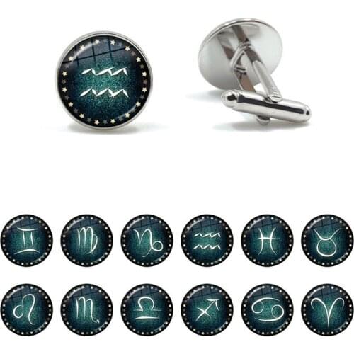 Hot Sale12 Constellations Glass Alloy Cufflinks Zodiac Signs Suit Cuff Links Men Shirt Accessories Destiny Jewelry Birthday Gift