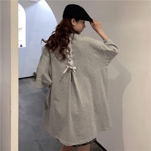 Fashion Women T Shirt 2021 Summer Female Cotton Tees High Street Loose Tops Plus Size Short Sleeve Bandage Solid T-shirts Y684