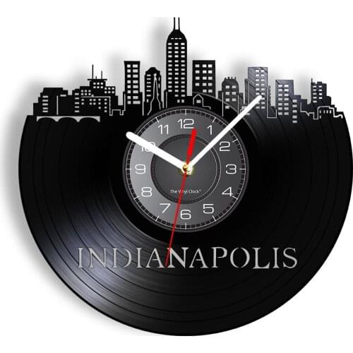 Indianapolis Skyline Longplay Record Wall Clock Vintage Indy Cityscapes Home Decor Vinyl Album Record Silent Non Ticking Clock