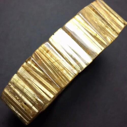 Genuine Natural Gold Rutilated Quartz Crystal 18x9mm Rectangle Beads Bracelet Bangle Wealthy Healing Stone Bangle AAAAAA